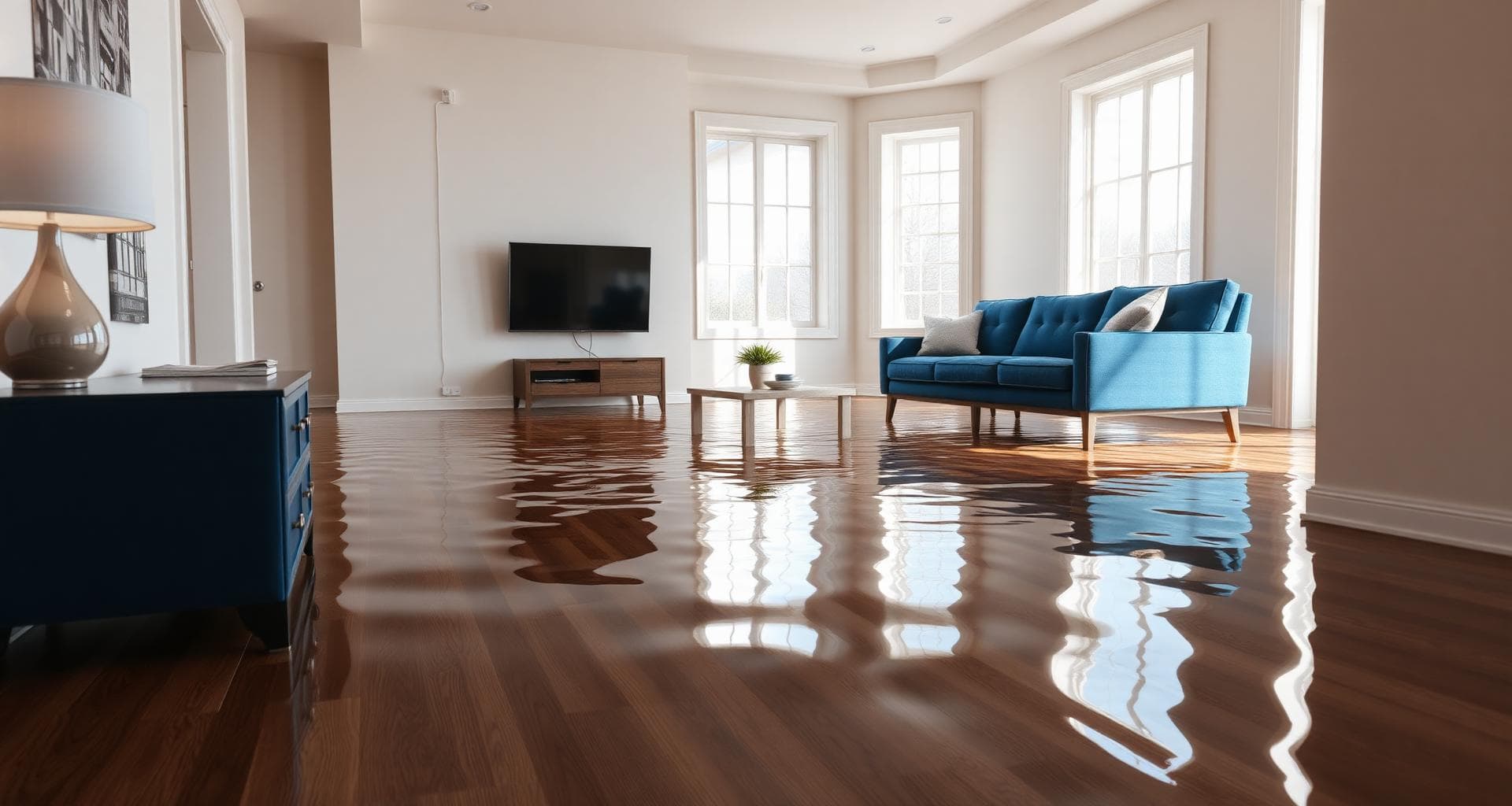 Flooded home interior requiring emergency water damage restoration